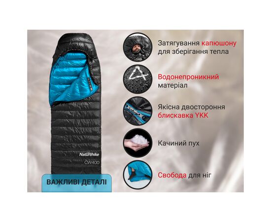 Спальный мешок Naturehike CW400 NH18C400-D, p-р L, чорно-блакитний (6976507666831), изображение 12 Спальный мешок Naturehike CW400 NH18C400-D, p-р L, чорно-блакитний (6976507666831), изображение 12