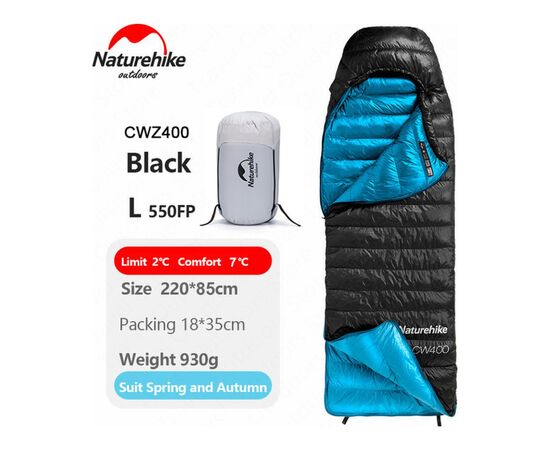 Спальный мешок Naturehike CW400 NH18C400-D, p-р L, чорно-блакитний (6976507666831), изображение 4 Спальный мешок Naturehike CW400 NH18C400-D, p-р L, чорно-блакитний (6976507666831), изображение 4