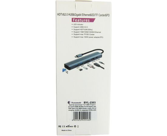 Концентратор Dynamode 7-in-1 USB-C to HDTV 4K/30Hz, 2хUSB3.0, RJ45, USB-C PD 100W, SD/MicroSD (BYL-2303), изображение 12 Концентратор Dynamode 7-in-1 USB-C to HDTV 4K/30Hz, 2хUSB3.0, RJ45, USB-C PD 100W, SD/MicroSD (BYL-2303), изображение 12