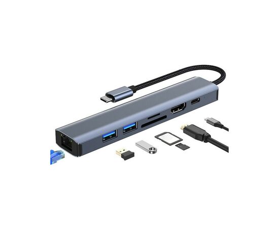 Концентратор Dynamode 7-in-1 USB-C to HDTV 4K/30Hz, 2хUSB3.0, RJ45, USB-C PD 100W, SD/MicroSD (BYL-2303), изображение 2 Концентратор Dynamode 7-in-1 USB-C to HDTV 4K/30Hz, 2хUSB3.0, RJ45, USB-C PD 100W, SD/MicroSD (BYL-2303), изображение 2