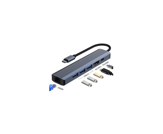 Концентратор Dynamode 7-in-1 USB-C to HDTV 4K/30Hz, 2хUSB3.0, RJ45, USB-C PD 100W, SD/MicroSD (BYL-2303), изображение 3 Концентратор Dynamode 7-in-1 USB-C to HDTV 4K/30Hz, 2хUSB3.0, RJ45, USB-C PD 100W, SD/MicroSD (BYL-2303), изображение 3