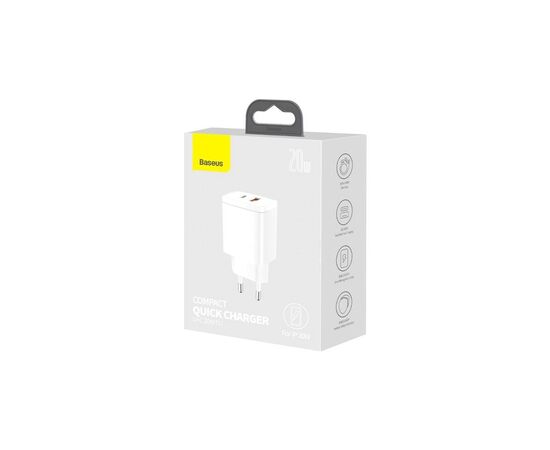 Зарядное устройство Baseus Compact Quick Charger U+C 20W EU White (CCXJ-B02), изображение 3 Зарядное устройство Baseus Compact Quick Charger U+C 20W EU White (CCXJ-B02), изображение 3