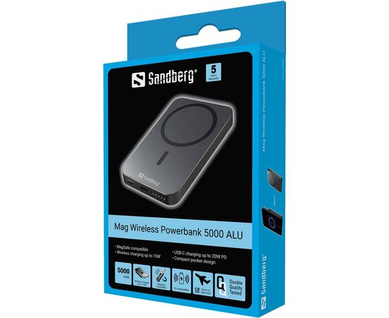 Батарея универсальная Sandberg 5000mAh 20W Magnetic Wireless Qi 15W (420-96), изображение 4 Батарея универсальная Sandberg 5000mAh 20W Magnetic Wireless Qi 15W (420-96), изображение 4