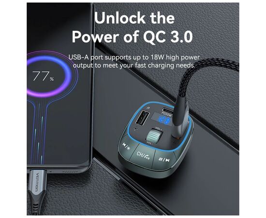 FM модулятор Vention PD 54W 3-Port USB (C+A+A) LED/USB Flash/Bluetooth, вольтметр (FFLB0), изображение 10 FM модулятор Vention PD 54W 3-Port USB (C+A+A) LED/USB Flash/Bluetooth, вольтметр (FFLB0), изображение 10