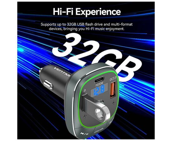 FM модулятор Vention PD 54W 3-Port USB (C+A+A) LED/USB Flash/Bluetooth, вольтметр (FFLB0), изображение 12 FM модулятор Vention PD 54W 3-Port USB (C+A+A) LED/USB Flash/Bluetooth, вольтметр (FFLB0), изображение 12
