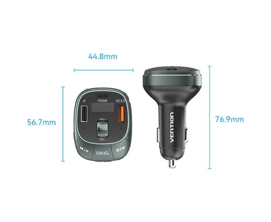 FM модулятор Vention PD 54W 3-Port USB (C+A+A) LED/USB Flash/Bluetooth, вольтметр (FFLB0), изображение 5 FM модулятор Vention PD 54W 3-Port USB (C+A+A) LED/USB Flash/Bluetooth, вольтметр (FFLB0), изображение 5