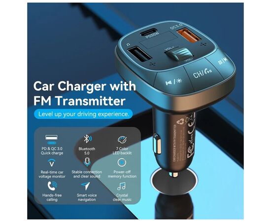 FM модулятор Vention PD 54W 3-Port USB (C+A+A) LED/USB Flash/Bluetooth, вольтметр (FFLB0), изображение 6 FM модулятор Vention PD 54W 3-Port USB (C+A+A) LED/USB Flash/Bluetooth, вольтметр (FFLB0), изображение 6