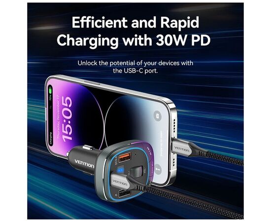 FM модулятор Vention PD 54W 3-Port USB (C+A+A) LED/USB Flash/Bluetooth, вольтметр (FFLB0), изображение 9 FM модулятор Vention PD 54W 3-Port USB (C+A+A) LED/USB Flash/Bluetooth, вольтметр (FFLB0), изображение 9