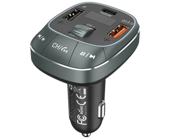 FM модулятор Vention PD 54W 3-Port USB (C+A+A) LED/USB Flash/Bluetooth, вольтметр (FFLB0)