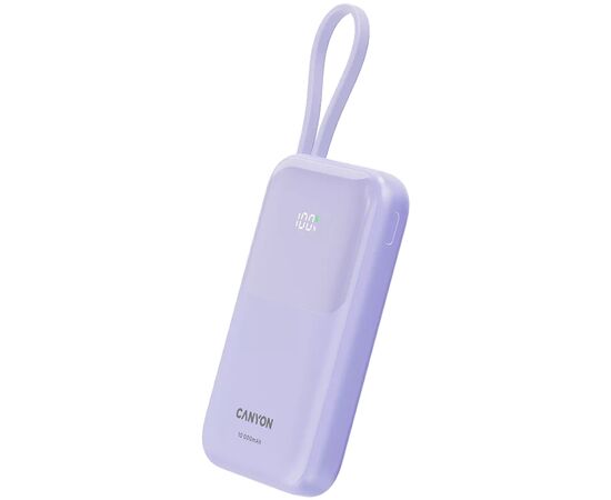 Батарея универсальная Canyon 10000mAh OnPower 101 PD/22.5W built-in cable Purple (CNS-CPB101PU), изображение 2 Батарея универсальная Canyon 10000mAh OnPower 101 PD/22.5W built-in cable Purple (CNS-CPB101PU), изображение 2