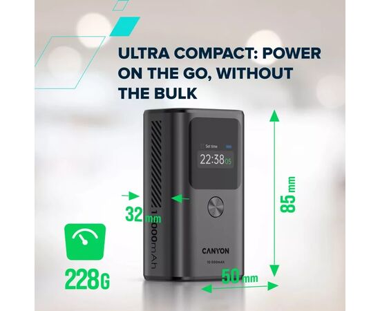 Батарея универсальная Canyon 10000mAh OnPower 130 TFT PD/30W Dark Grey (CNS-CPB130DG), изображение 7 Батарея универсальная Canyon 10000mAh OnPower 130 TFT PD/30W Dark Grey (CNS-CPB130DG), изображение 7