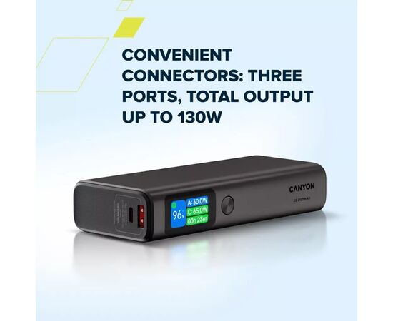 Батарея универсальная Canyon 20000mAh OnPower 230 TFT PD/130W Dark Grey (CNS-CPB230DG), изображение 7 Батарея универсальная Canyon 20000mAh OnPower 230 TFT PD/130W Dark Grey (CNS-CPB230DG), изображение 7