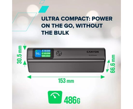 Батарея универсальная Canyon 20000mAh OnPower 230 TFT PD/130W Dark Grey (CNS-CPB230DG), изображение 8 Батарея универсальная Canyon 20000mAh OnPower 230 TFT PD/130W Dark Grey (CNS-CPB230DG), изображение 8
