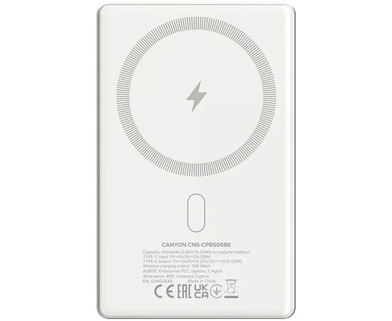 Батарея универсальная Canyon 5000mAh OnPower 505 slim Magsafe PD/20W Beige (CNS-CPB505BE), изображение 3 Батарея универсальная Canyon 5000mAh OnPower 505 slim Magsafe PD/20W Beige (CNS-CPB505BE), изображение 3