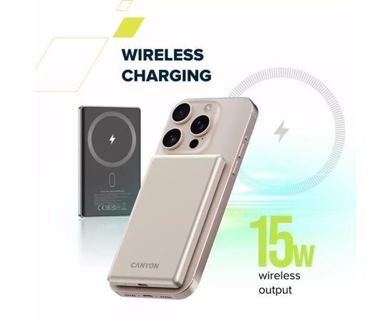 Батарея универсальная Canyon 5000mAh OnPower 505 slim Magsafe PD/20W Beige (CNS-CPB505BE), изображение 7 Батарея универсальная Canyon 5000mAh OnPower 505 slim Magsafe PD/20W Beige (CNS-CPB505BE), изображение 7