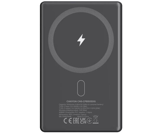 Батарея универсальная Canyon 5000mAh OnPower 505 slim Magsafe PD/20W Dark Grey (CNS-CPB505DG), изображение 3 Батарея универсальная Canyon 5000mAh OnPower 505 slim Magsafe PD/20W Dark Grey (CNS-CPB505DG), изображение 3