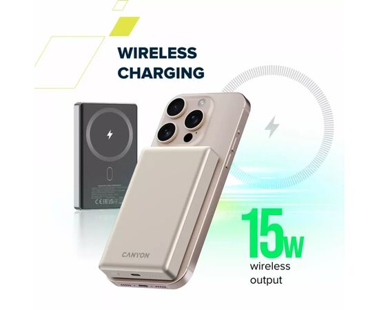 Батарея универсальная Canyon 10000mAh OnPower 510 slim Magsafe PD/20W Beige (CNS-CPB510BE), изображение 7 Батарея универсальная Canyon 10000mAh OnPower 510 slim Magsafe PD/20W Beige (CNS-CPB510BE), изображение 7