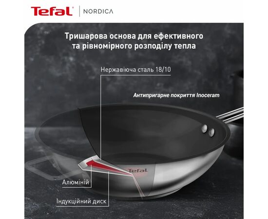 Сковорода Tefal Nordica WOK, 28см, нержавіюча сталь (H8711955), изображение 5 Сковорода Tefal Nordica WOK, 28см, нержавіюча сталь (H8711955), изображение 5