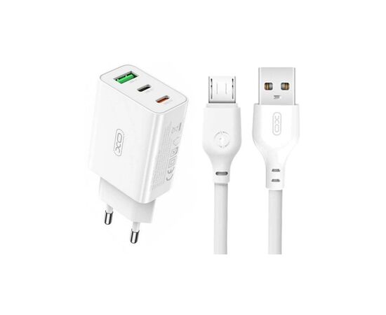 Зарядний пристрій XO L101 PD + QC3.0 (1USB/2Type-C/20W) + USB - MicroUSB White (XO-L101-WH)