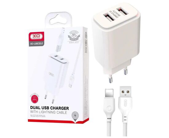 Зарядний пристрій XO L90C (2USB/2.4A) + USB - Lightning White (XO-L90C-L)