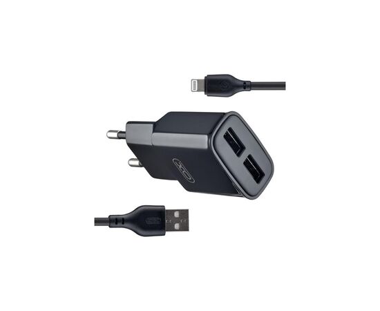 Зарядний пристрій XO L92C (2USB/2.4A) + USB - Lightning Чорний (XO-L92C-L)