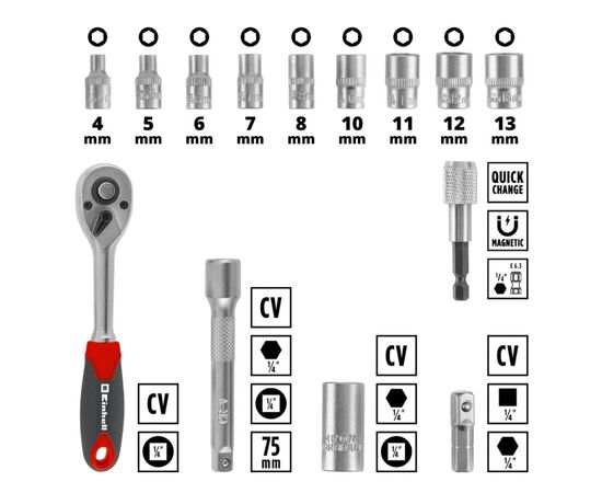 Набор бит Einhell бит и головок, 1/4" 4-13мм, 37шт, кейс (109022), изображение 6 Набор бит Einhell бит и головок, 1/4" 4-13мм, 37шт, кейс (109022), изображение 6