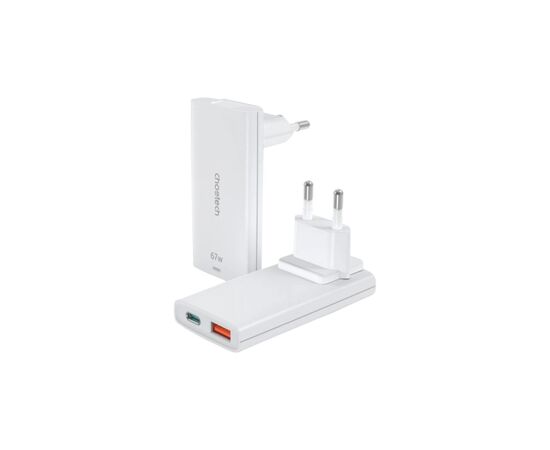 Зарядний пристрій Choetech 2xUSB 65W GaN (USB-C+USB-A) Ultra thin (PD6011-EU-WH)