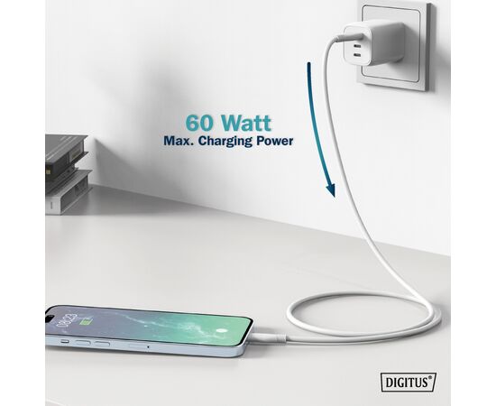 Дата кабель USB 2.0 AM to Type-C 1.0m 60W white Digitus (AK-300340-010-W), изображение 7 Дата кабель USB 2.0 AM to Type-C 1.0m 60W white Digitus (AK-300340-010-W), изображение 7