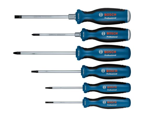 Отвертка Bosch набор 6шт, SL 3.5, 6.5 мм, Т15х75мм, Т20х100мм, PH1x100мм, PZ2x125 мм (1.600.A02.CV3), изображение 2 Отвертка Bosch набор 6шт, SL 3.5, 6.5 мм, Т15х75мм, Т20х100мм, PH1x100мм, PZ2x125 мм (1.600.A02.CV3), изображение 2