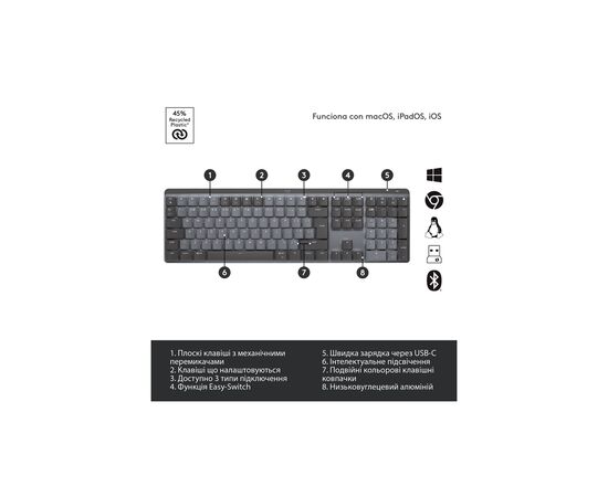 Клавиатура Logitech MX Mechanical Wireless Illuminated Performance Graphite (920-010757), изображение 6 Клавиатура Logitech MX Mechanical Wireless Illuminated Performance Graphite (920-010757), изображение 6