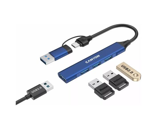 Концентратор Canyon hub DS-02 4in1 USB-A/C Blue (CNS-TDS02BL), изображение 3 Концентратор Canyon hub DS-02 4in1 USB-A/C Blue (CNS-TDS02BL), изображение 3