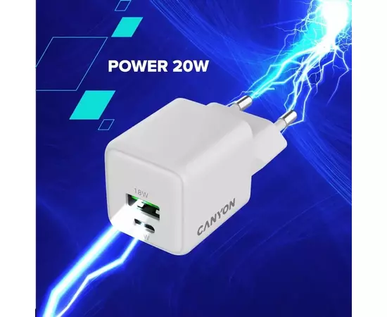 Зарядное устройство Canyon CU20AC GaN 20W 1xPD 1xQC EU White (CNS-CUW20AC), изображение 6 Зарядное устройство Canyon CU20AC GaN 20W 1xPD 1xQC EU White (CNS-CUW20AC), изображение 6