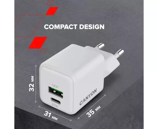 Зарядное устройство Canyon CU20AC GaN 20W 1xPD 1xQC EU White (CNS-CUW20AC), изображение 9 Зарядное устройство Canyon CU20AC GaN 20W 1xPD 1xQC EU White (CNS-CUW20AC), изображение 9