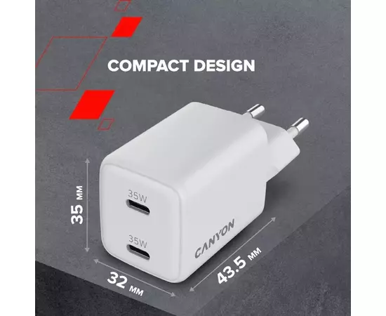 Зарядное устройство Canyon CU35CC GaN 35W 2xPD EU White (CNS-CUW35CC), изображение 9 Зарядное устройство Canyon CU35CC GaN 35W 2xPD EU White (CNS-CUW35CC), изображение 9