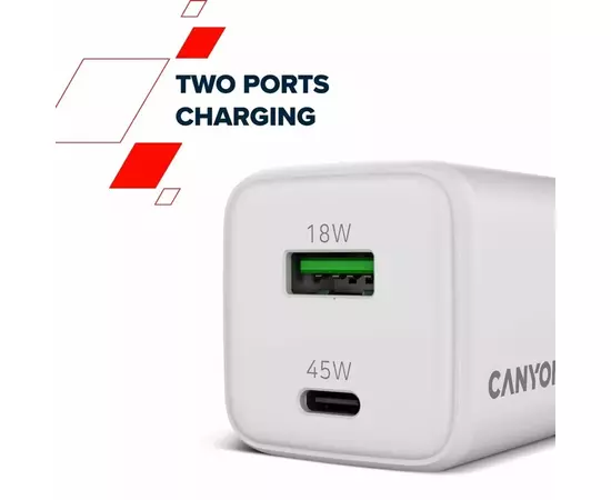 Зарядное устройство Canyon CU45AC GaN 45W 1xPD 1xQC EU White (CNS-CUW45AC), изображение 6 Зарядное устройство Canyon CU45AC GaN 45W 1xPD 1xQC EU White (CNS-CUW45AC), изображение 6