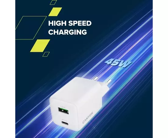 Зарядное устройство Canyon CU45AC GaN 45W 1xPD 1xQC EU White (CNS-CUW45AC), изображение 8 Зарядное устройство Canyon CU45AC GaN 45W 1xPD 1xQC EU White (CNS-CUW45AC), изображение 8