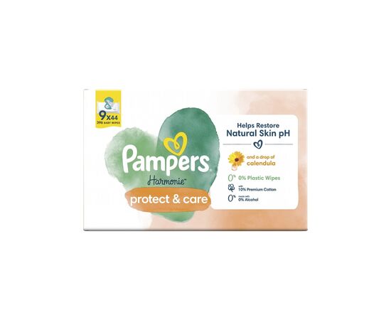 Детские влажные салфетки Pampers Harmonie Protect&Care с календулой 9 пачек х 44 шт (8700216250559), изображение 2 Детские влажные салфетки Pampers Harmonie Protect&Care с календулой 9 пачек х 44 шт (8700216250559), изображение 2