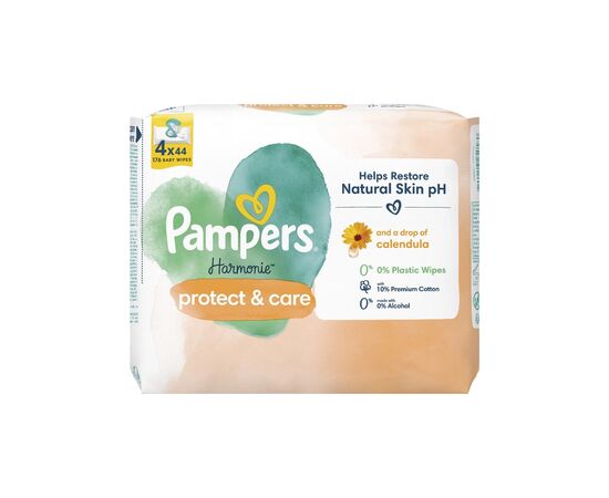 Дитячі вологі серветки Pampers Harmonie Protect&Care з календулою 4 пачки х 44 шт (8700216250580), зображення 2