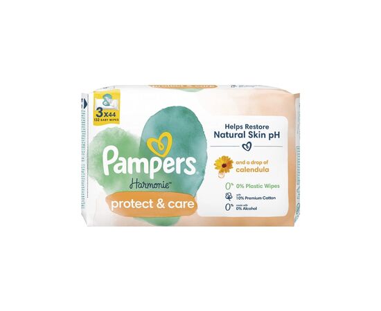 Детские влажные салфетки Pampers Harmonie Protect&Care с календулой 3 пачки х 44 шт (8700216250672), изображение 2 Детские влажные салфетки Pampers Harmonie Protect&Care с календулой 3 пачки х 44 шт (8700216250672), изображение 2