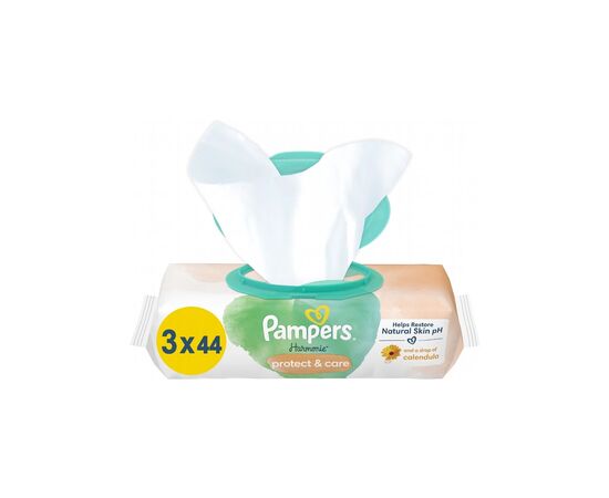 Дитячі вологі серветки Pampers Harmonie Protect&Care з календулою 3 пачки х 44 шт (8700216250672)