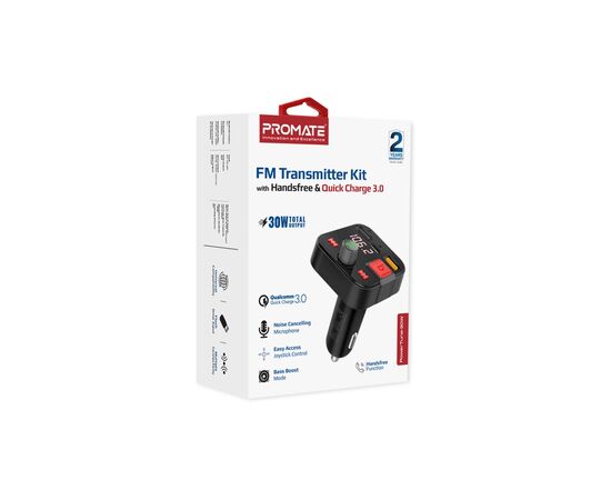 FM модулятор Promate PowerTune 30w USB-A OTG/USB-A QC3.0/USB-C BLACK (powertune-30w.black), изображение 2 FM модулятор Promate PowerTune 30w USB-A OTG/USB-A QC3.0/USB-C BLACK (powertune-30w.black), изображение 2