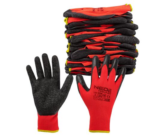 Защитные перчатки Neo Tools комплект 12шт, полиэстер с латексным покрытием, р.10, красно-черный (97-645-10), изображение 7 Защитные перчатки Neo Tools комплект 12шт, полиэстер с латексным покрытием, р.10, красно-черный (97-645-10), изображение 7