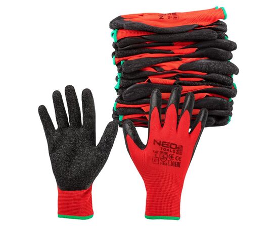 Защитные перчатки Neo Tools комплект 12шт, полиэстер с латексным покрытием, р.8, красно-черный (97-645-8), изображение 8