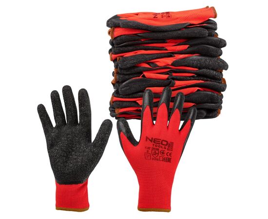 Защитные перчатки Neo Tools комплект 12шт, полиэстер с латексным покрытием, р.9, красно-черный (97-645-9), изображение 9