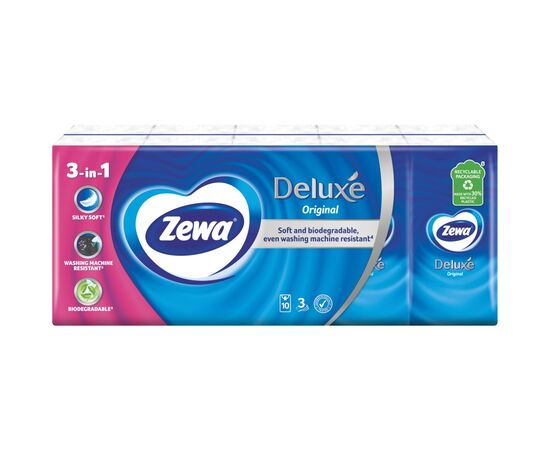 Салфетки косметические Zewa Deluxe 3 слоя 10 шт х 10 пачек (9011111516145), изображение 2 Салфетки косметические Zewa Deluxe 3 слоя 10 шт х 10 пачек (9011111516145), изображение 2