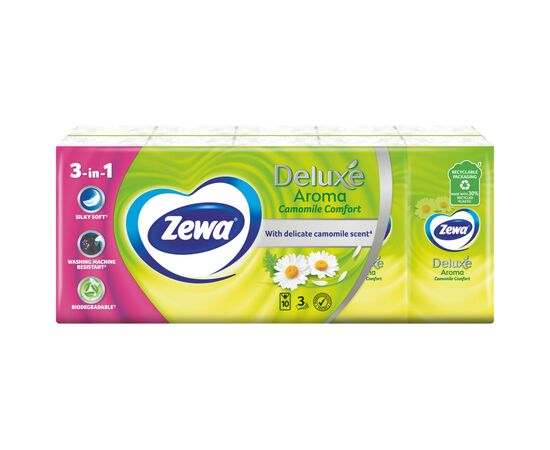 Салфетки косметические Zewa Deluxe Ромашка 3 слоя 10 шт х 10 пачек (7322540098846), изображение 2 Салфетки косметические Zewa Deluxe Ромашка 3 слоя 10 шт х 10 пачек (7322540098846), изображение 2