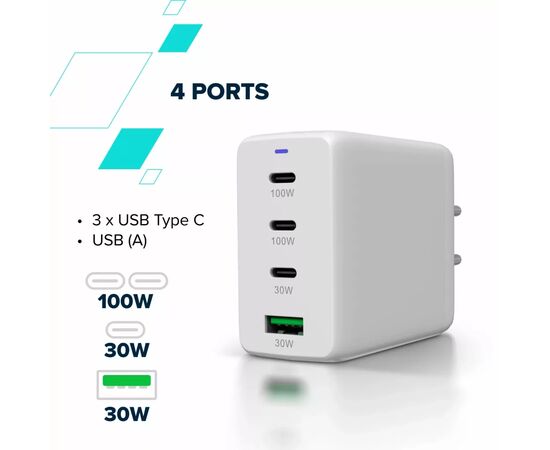 Зарядное устройство Canyon CU100ACC GaN 100W 3xPD 1xQC EU White (CNS-CUW100ACC), изображение 7 Зарядное устройство Canyon CU100ACC GaN 100W 3xPD 1xQC EU White (CNS-CUW100ACC), изображение 7