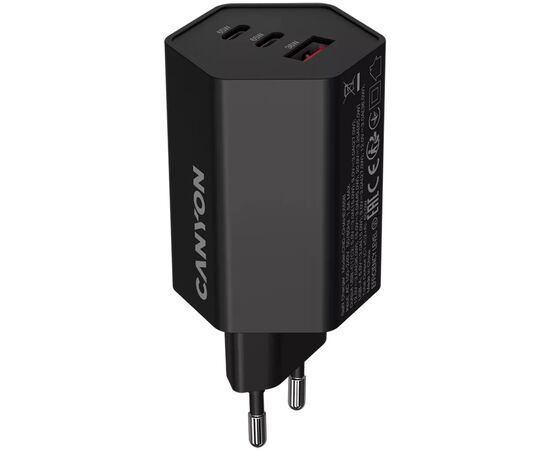 Зарядний пристрій Canyon HEXAGON 65 GaN 65W 2xPD 1xQC EU Black (CND-CHAHEX65B)