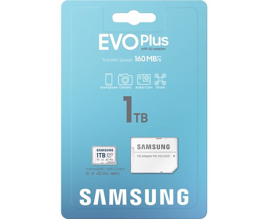 Карта памяти Samsung 1TB microSDXC Class UHS-I U3 V30 A2 EVO Plus + SD Adapter (MB-MC1T0SA/EU), изображение 8 Карта памяти Samsung 1TB microSDXC Class UHS-I U3 V30 A2 EVO Plus + SD Adapter (MB-MC1T0SA/EU), изображение 8