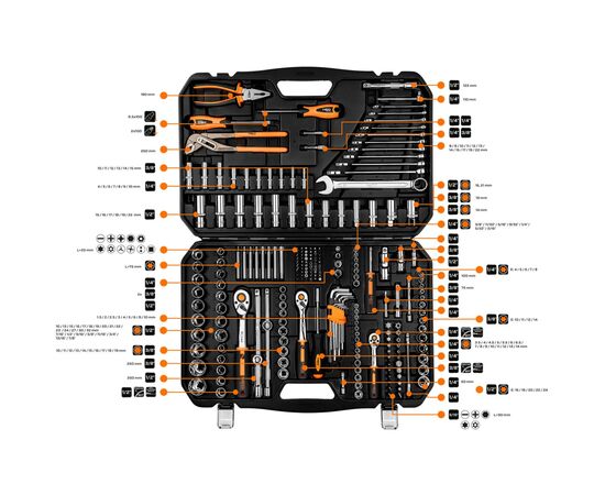 Набор инструментов Neo Tools 233шт, 1/2", 1/4", 3/8", CrV, кейс (10-078), изображение 2 Набор инструментов Neo Tools 233шт, 1/2", 1/4", 3/8", CrV, кейс (10-078), изображение 2